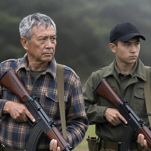 Military Duo in Foggy Forest Setting