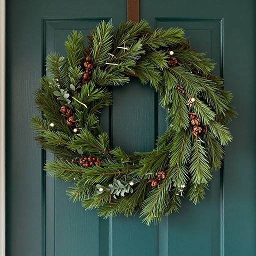 Photograph of a lush green Christmas wreath with red berries, white and silver ornaments, hanging on a dark teal door.