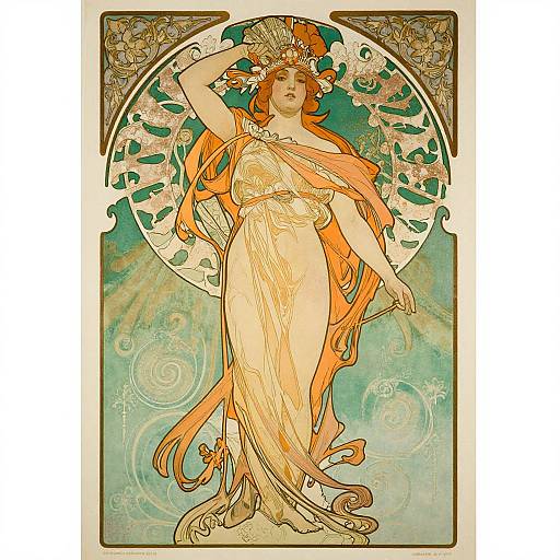 Art Nouveau-style drawing of a serene, long-haired woman in an orange, flowing dress, crowned with flowers, standing against a circular, green and