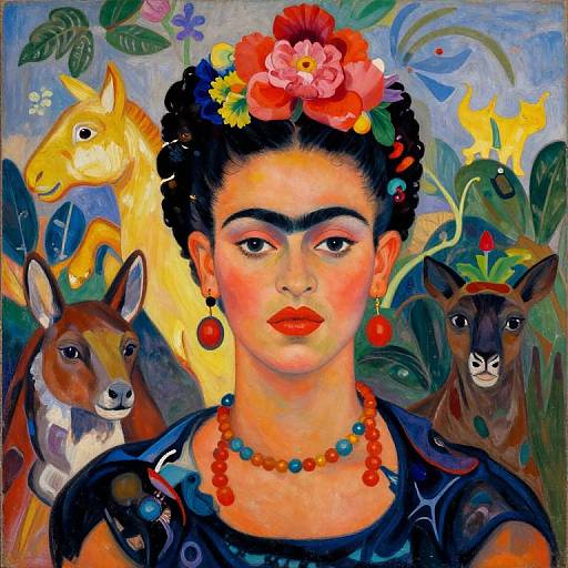 Vibrant painting of Frida Kahlo with dark hair adorned with flowers, red earrings, necklace, surrounded by colorful animals and foliage.