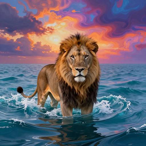 Photorealistic image of a majestic lion standing in ocean waves, with vibrant orange and purple sunset sky in the background.