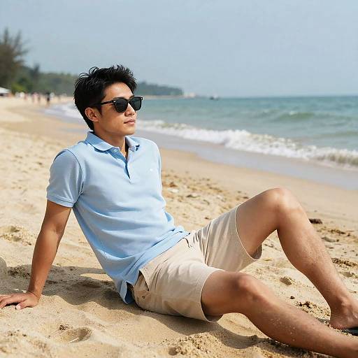 Photograph of a young man with dark hair, wearing sunglasses, light blue polo shirt, and beige shorts, relaxing on a sandy beach with gentle waves