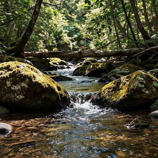 Photograph of a sunlit forest stream, with clear water flowing over moss-covered rocks, surrounded by dense, green-leaved trees. Bright sunlight filters