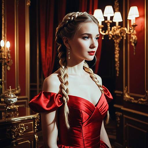 Elegant Woman with Halo Braids in Red Evening Gown