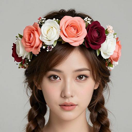 Photograph of a young Asian woman with fair skin, brown eyes, and braided hair, wearing a floral crown with pink, white, and red
