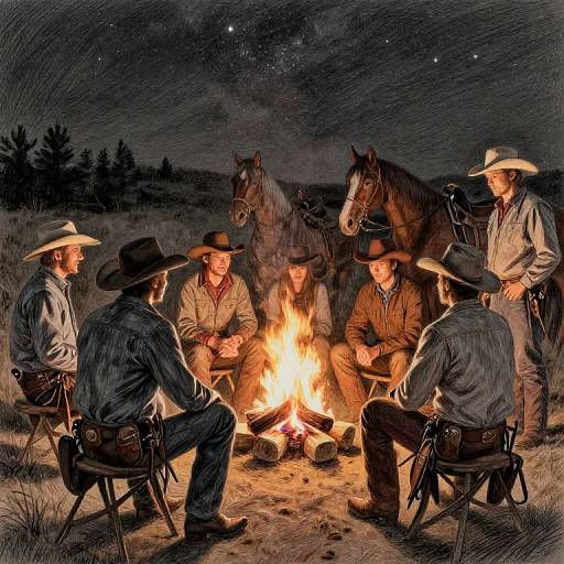 Digital painting of six cowboy men, wearing hats and western attire, sitting around a campfire under a starry night sky with horses nearby.