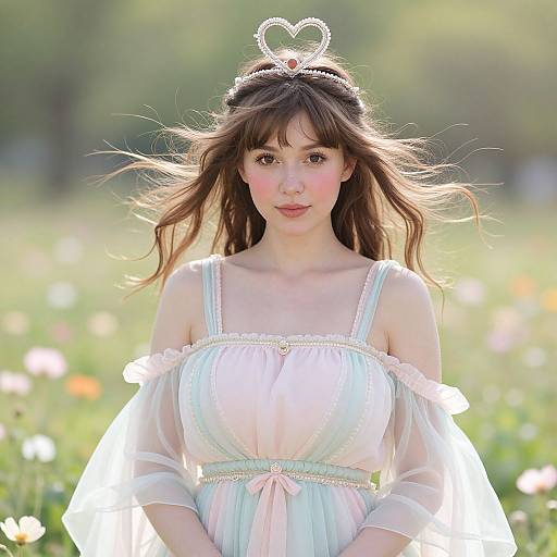 Photograph of a young Asian woman with long brown hair, wearing a delicate heart-shaped tiara, pale off-shoulder dress, and white veil