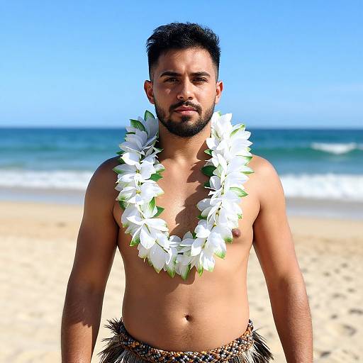 Photograph of a muscular, bearded man with medium brown skin, wearing a white flower lei and grass skirt, standing on a sunny beach with clear