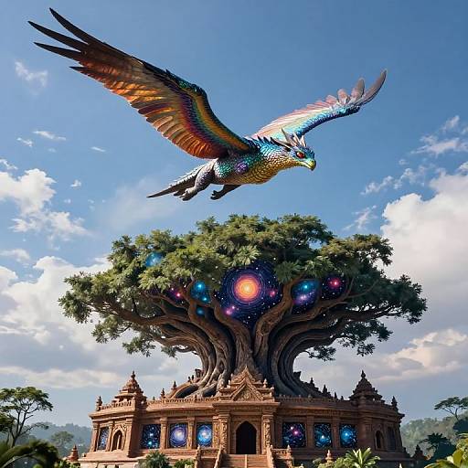 Digital artwork: Vibrant phoenix with multicolored feathers soars above a glowing, ornate treehouse with colorful orbs, set against a bright blue