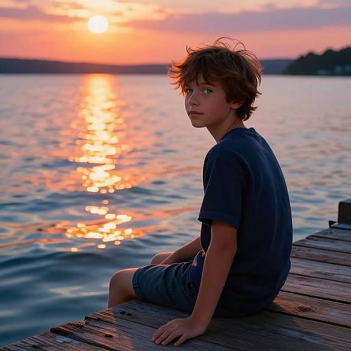 Boy on Rustic Dock at Sunset