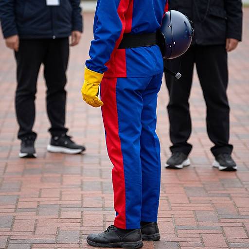 Photograph of a person in blue and red jumpsuit, yellow gloves, black shoes, and helmet, standing on brick pavement with two blurred people in