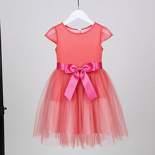Photograph of a pink, short-sleeved, tulle dress with a satin bow at the waist, hanging on a white hanger.
