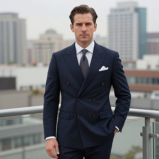 Photograph of a handsome, fair-skinned man with dark brown hair in a navy double-breasted suit, white shirt, and polka-dot tie