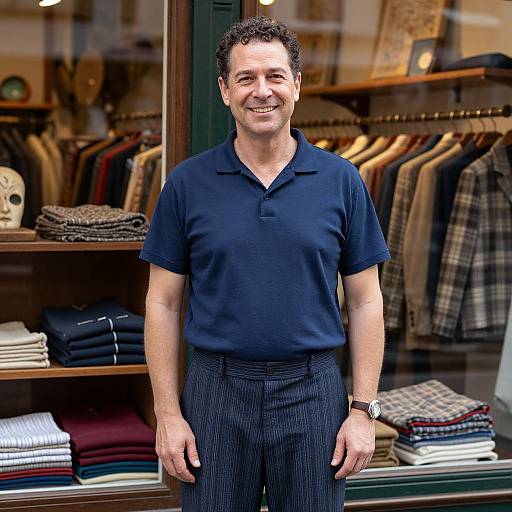 Photograph of a smiling middle-aged man with short curly hair, wearing a navy polo shirt and black pinstripe pants, standing in a well-l