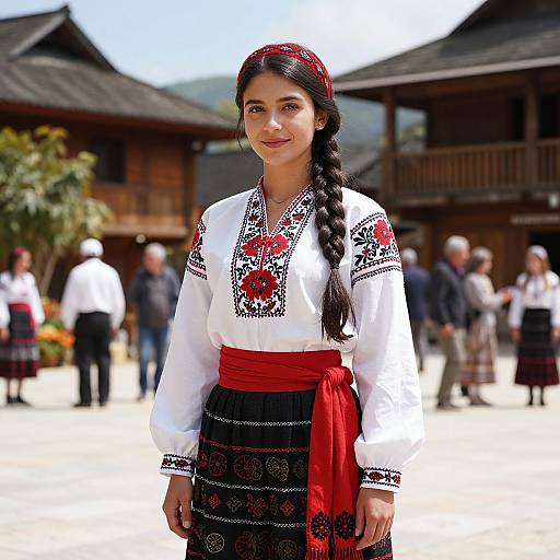 Photograph of a young woman with long black braided hair, wearing a white embroidered blouse, red sash, and black skirt, standing outdoors in