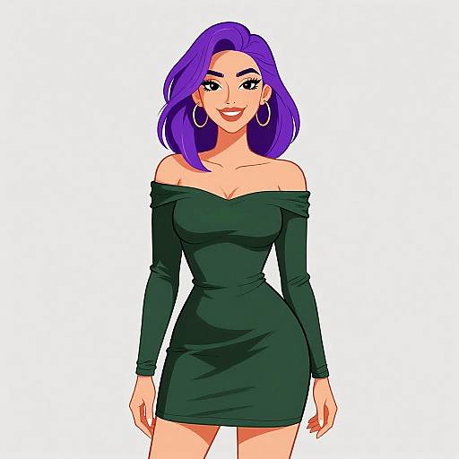 Digital illustration of a smiling woman with purple hair, wearing a black off-shoulder dress, large hoop earrings, and standing against a white background.