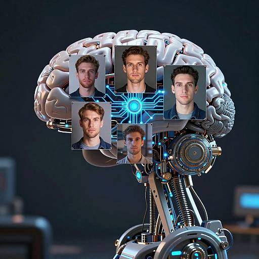 CGI image: Robot head with six inset portraits of handsome men, blue neon glow, metallic textures, dark background, futuristic style.