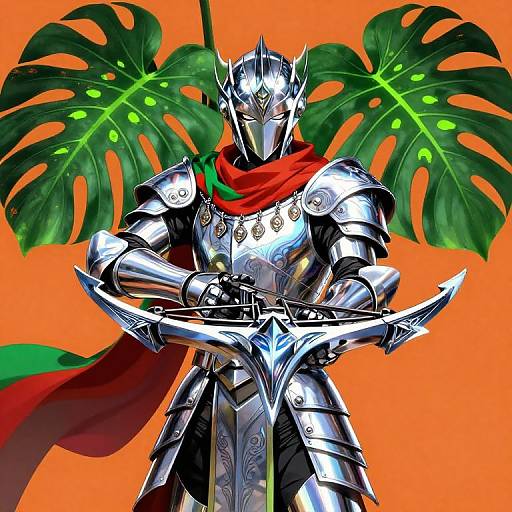 Digital drawing of a shiny, armored knight with a red scarf, holding a sword, against an orange background with large green monstera leaves.