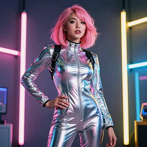 Photograph of a young woman with pink hair in a shiny silver, zip-up jumpsuit, standing confidently in a neon-lit room.