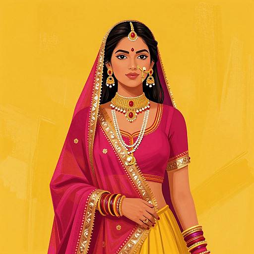 Digital illustration of an Indian bride in a vibrant red and yellow saree, adorned with gold jewelry, against a bright yellow background. She has long black