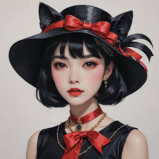 Young Woman in Black Hat with Red Ribbon