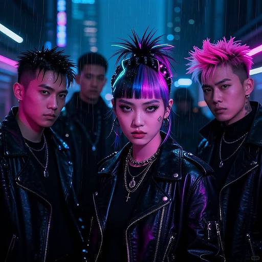 Cyberpunk night scene: three Asian individuals with spiky, neon-colored hair in black leather jackets, standing under rain, illuminated by vibrant city lights