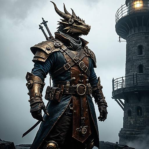 Anthropomorphic Bronze Dragonborn Warrior at Foggy Lighthouse