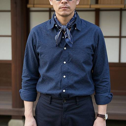 Photograph of a light-skinned man in a dark blue, button-up shirt with a striped necktie, black pants, and a wristwatch,