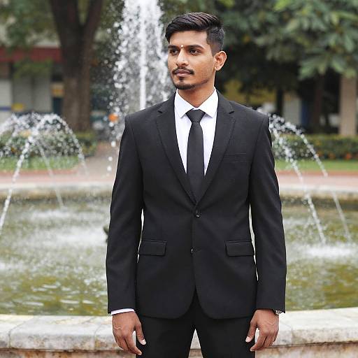 Man in Suit Standing by Fountain