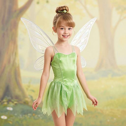 Photograph of a smiling young girl with light brown hair in a bun, wearing a green fairy dress and transparent wings, standing in a sunlit forest
