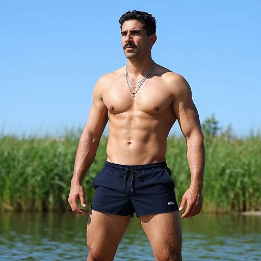 Photograph of a muscular, tan-skinned man with short dark hair and mustache, wearing black swim trunks, standing by a water body with