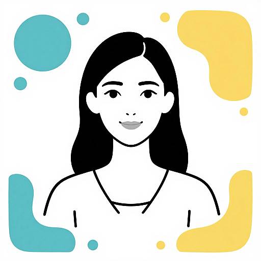 Digital illustration of a smiling woman with black hair, white skin, and simple black lines, surrounded by blue and yellow abstract shapes.