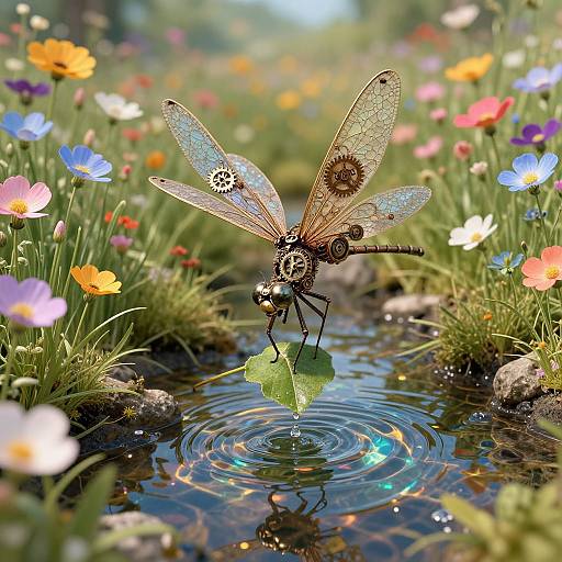 Photograph of a detailed, iridescent dragonfly with speckled wings, standing on a green leaf over a rippling stream in a vibrant