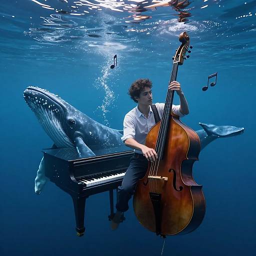 Photograph of a curly-haired man underwater playing a cello, accompanied by a whale and shark, musical notes floating around.