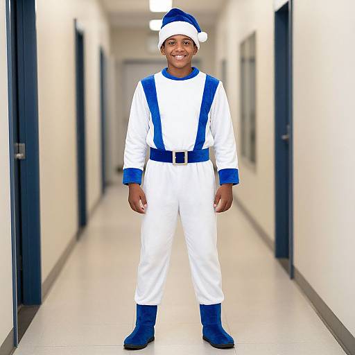 Photograph of a smiling young boy standing in a bright hallway, wearing a white and blue elf costume, blue boots, and hat.