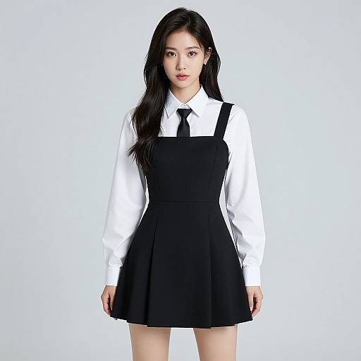Photograph of an Asian woman with long black hair, wearing a white long-sleeve shirt, black tie, and black pinafore dress,