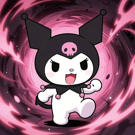 Digital drawing of a cute, white, cartoon cat character with black jester hat and skull, surrounded by swirling pink energy. Character has black eyes,
