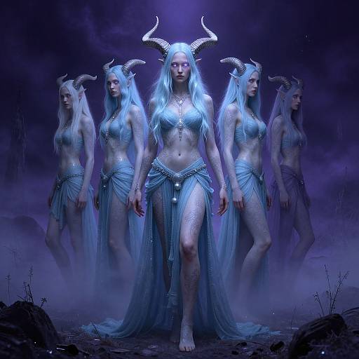 Digital fantasy artwork of five ethereal, pale-skinned, horned women with long blue-white hair, wearing translucent, silver-embellished lo