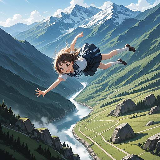 Dynamic Jumping Girl on Mountain Peak