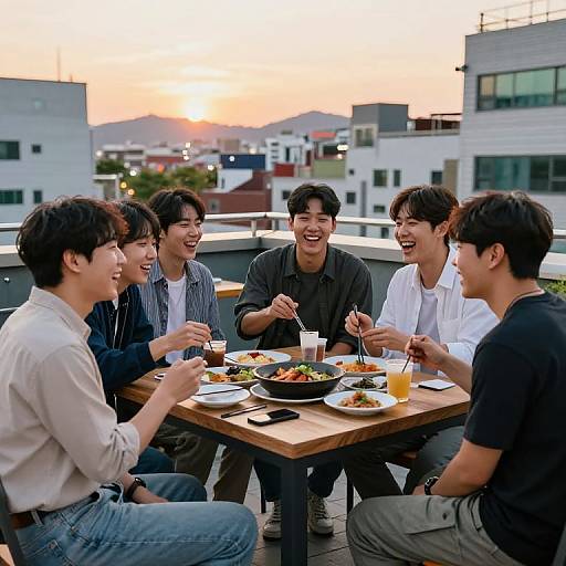 Photograph of six smiling Asian men enjoying dinner on a rooftop terrace at sunset, laughing and using chopsticks, surrounded by modern city buildings.