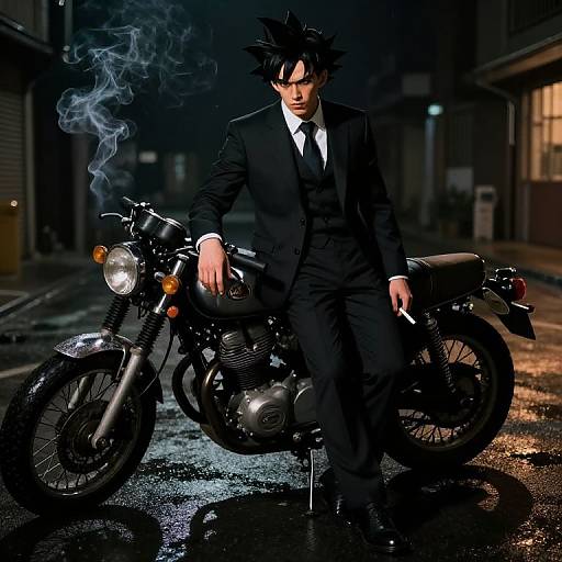 Gloomy night scene: Spiky-haired man in black suit and tie, smoking, leans on a vintage motorcycle with smoke curling up. Wet