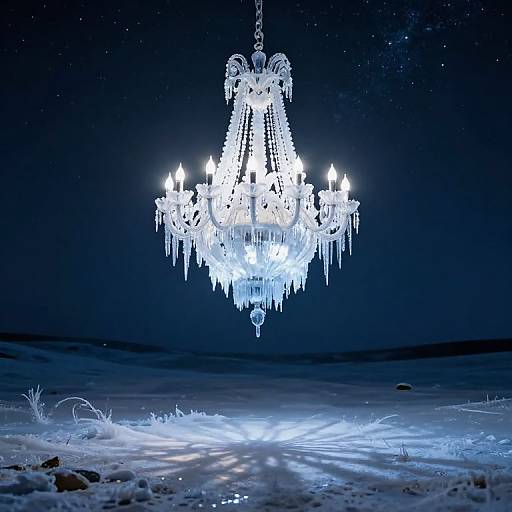 Photograph of a glowing, crystal chandelier hanging in a dark, starry night sky, casting blue light onto a snowy landscape.