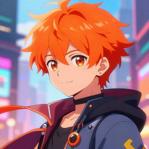 Digital anime-style portrait of a young boy with vibrant orange hair, amber eyes, wearing a black choker and jacket, set against a colorful, neon