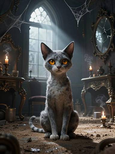Photorealistic digital art of a silver-gray cat with glowing yellow eyes, sitting in a dimly lit, gothic room with candles, spider webs