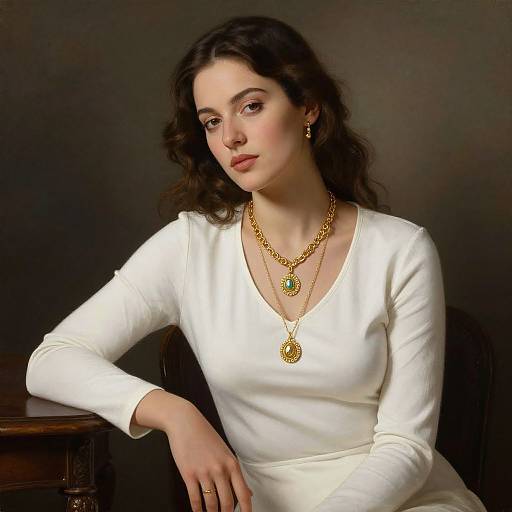 Photograph of a fair-skinned woman with wavy brown hair, wearing a white long-sleeve top, gold necklace, and earrings, sitting