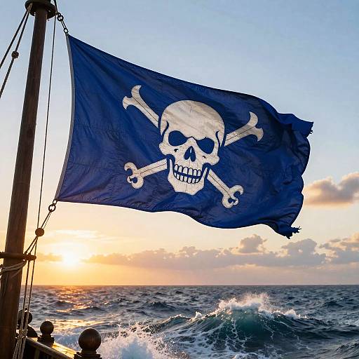 Photograph of a blue pirate flag with a white skull and crossbones, flying on a ship's mast at sunset over a turbulent ocean.