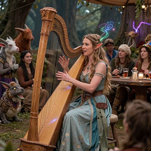 Elven woman with long blonde hair plays a wooden harp in a magical forest, surrounded by mythical creatures and festival-goers. CGI fantasy scene.