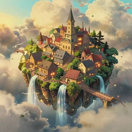 Fantasy CGI image of a floating village with colorful houses, waterfalls, and a church, surrounded by fluffy clouds and sunlight.