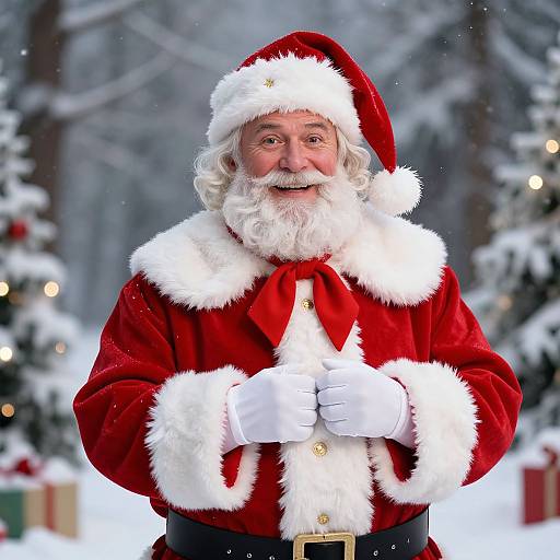 Photograph of a smiling Santa Claus with white beard, red suit with white trim, and gloves, standing in a snowy, Christmas-lit forest.