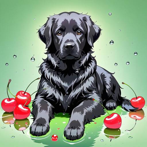 Shaggy Black Labrador in Cherry Rain Shaggy Black Labrador in Cherry Rain
